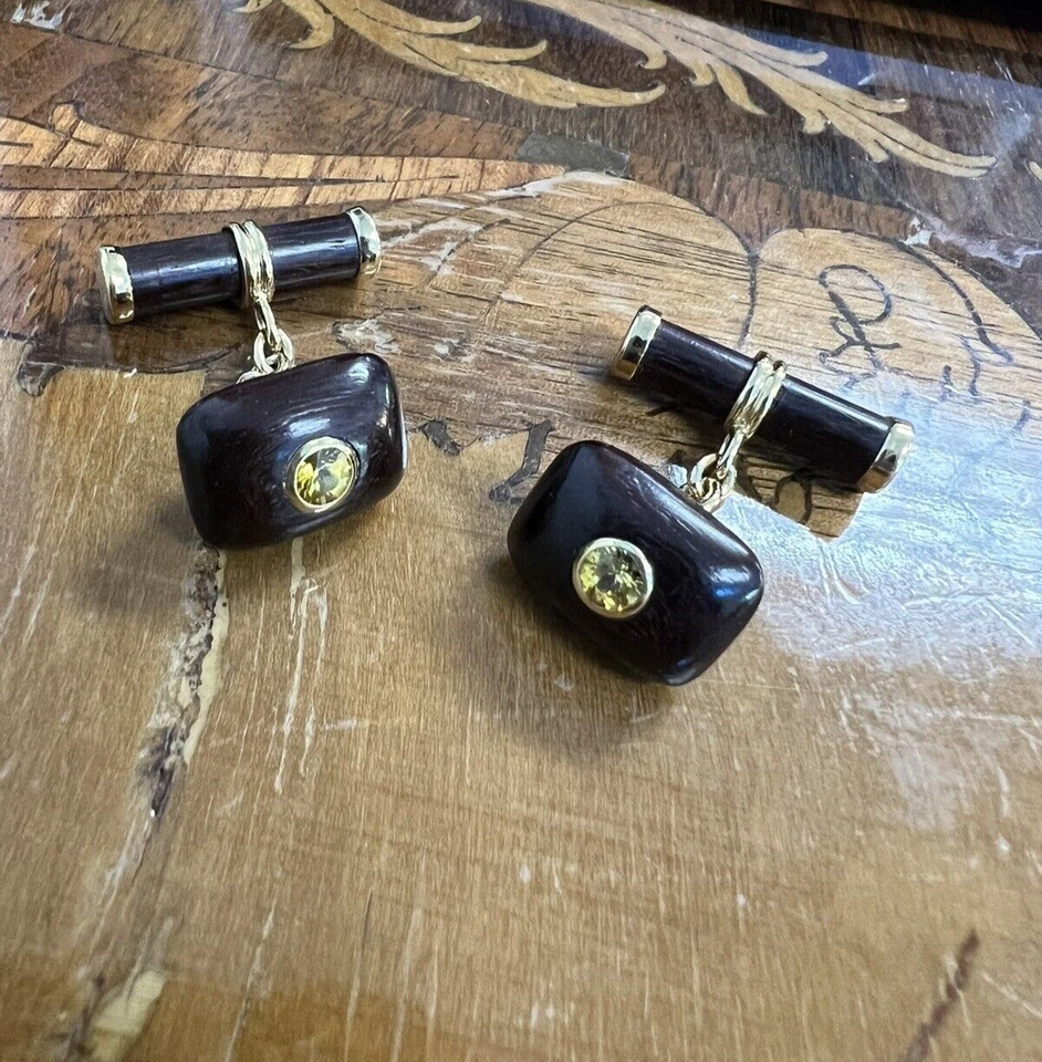 TIFFANY & CO. Vintage 18k Yellow Gold, Wood & Yellow Sapphire Cufflinks 1970s - Image 1 of 4