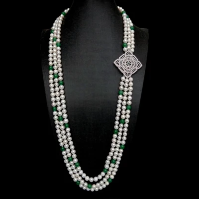 Collar Colgante 32" 3 Hilos Blanco Perla Verde Jade Circonita Pavé Dama Joyería Foto 1 de 4