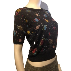 ZARA Knit Space Saturn Galaxy Black Print Short Sleeve Top Shirt Sweater SMALL - Picture 1 of 14