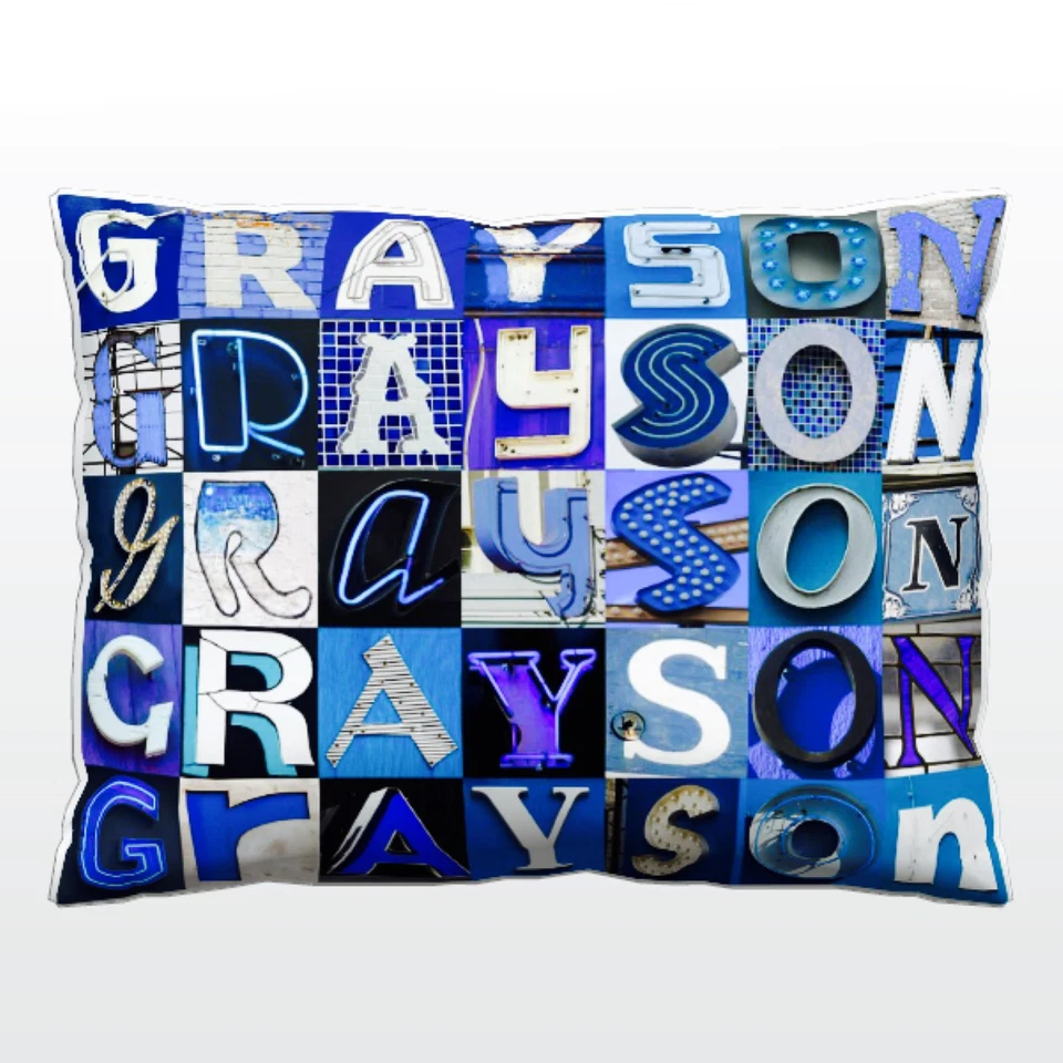 Personalized Pillow featuring the name GRAYSON in photos of BLUE sign letters - Image 1 of 1