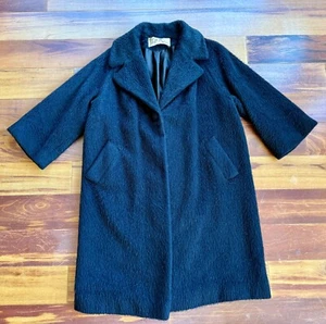 VTG 60s Lilli Ann Paris Fuzzy Mohair Black Long Coat 3/4 Sleeve Med Large - Picture 1 of 6