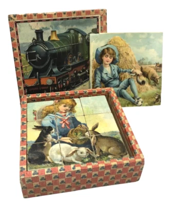 Antique Vtg Block Cube Puzzle Train Boy Blue Rabbits Asian Boy 6 in 1 Germany - Image 1 of 4
