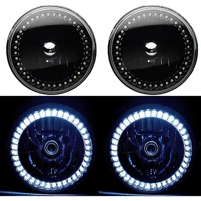 7" Black Halogen Headlight White LED SC Halo Angel Eye Headlamp Light Bulb Pair - Image 1 of 4