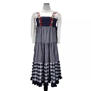 Vintage 70s Girls Prairie Maxi Dress Size L Blue Gingham Tiered Eyelet Trim - Picture 1 of 14
