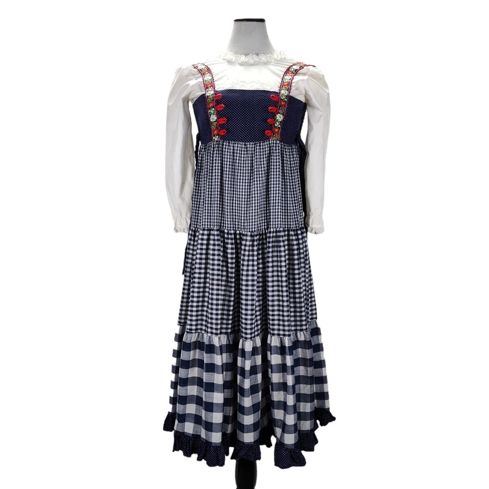 Maxi Vestido Pradera Vintage Años 70 Niñas Talla L Azul Guinga Borde de Ojales en Niveles  Foto 1 de 4