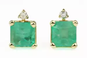 Pendientes de tachuelas de corte asscher corte esmeralda y diamante colombiano de 2,07 tcw 14 k - Imagen 1 de 7