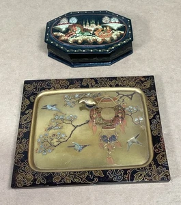 Lot of 2 Russian Wooden Lacquer Trinket Box And Tray - Picture 1 of 11