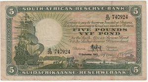 South Africa 5 Pounds Banknote 1947 Choice Fine Condition Pick#86-C Sun & Ship - Picture 1 of 2