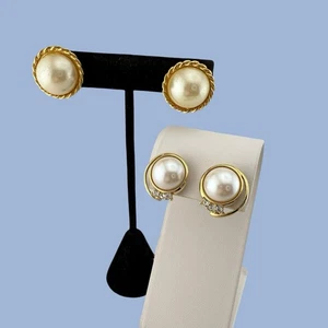 VTG Faux Pearl Clip On Earrings Lot 2 Gold Tone Rope Rhinestone Accent 80s 90s - Picture 1 of 15