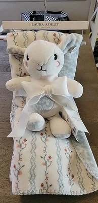 Laura Ashley White Blue Floral Baby Girl Blanket Plush Bunny Lovey Set NWT RARE - Image 1 of 4