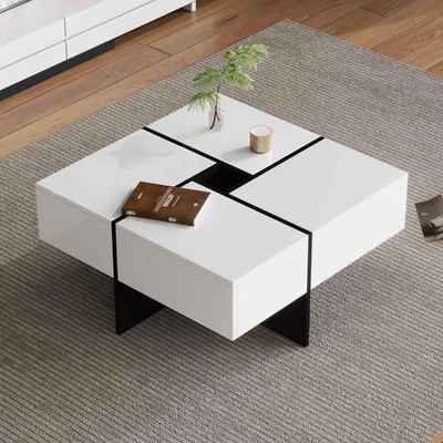 Coffee Table White High Gloss Top 70x70cm w/ Storage & 4 Drawers Modern - Image 1 of 4