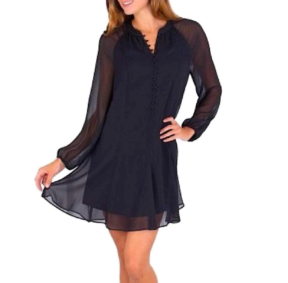 Joie Limited Edition Balloon Sleeve Mini Dress Caviar Semi Sheer LARGE