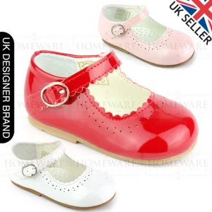 BABY GIRLS SPANISH STYLE SHINY PATENT SHOES MARY JANE DESIGNER PINK WHITE UK 3-8 - Picture 1 of 9