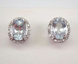 Natural Aquamarine 3Ct Oval Cut Stud Earrings Halo Studs 14K White Gold Plated