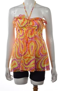 Top de mujer Milly, talla 2, rosa, estampado naranja, camisa halter informal algodón - Imagen 1 de 5