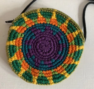 Crochet Coin Purse Medicine Bag Woman’s Girl Crossbody Small Round Zipper 3 1/2” - Picture 1 of 6