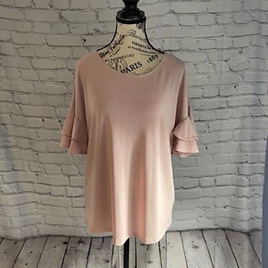 INC Women's Pullover Crew Neck Ruffle Tiered Short Sleeve Dusty Mauve Blouse L - Picture 1 of 11