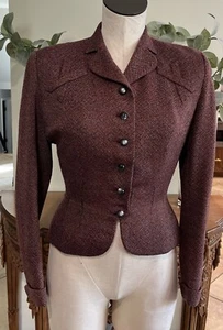 Vintage Kolmer Damen Small Union Made Rot Bedruckt Schößchen Anzug Jacke 40er 50er #M - Bild 1 von 11