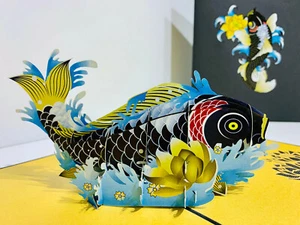 ORIGAMI POP CARDS Black Koi Japanese Fish 3D Pop Up Greeting Card Happy Birthday - Picture 1 of 11