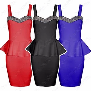 NEW WOMENS LADIES JEWEL TOP STRAP PEPLUM FRILL DRESS BODYCON PARTY DRESSES SKIRT - Picture 1 of 16