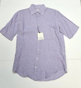 $195 New HAGEN CARMEL Button SS Sport Shirt Men MEDIUM M Purple Check 100% LINEN - Picture 1 of 5