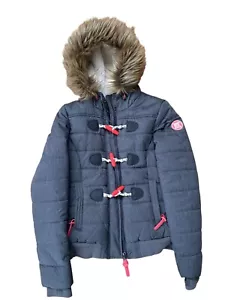 Superdry JPN Women's Grey Puffer Jacket Faux Fur Hooded Toggle Size XS Vgc - Picture 1 of 6