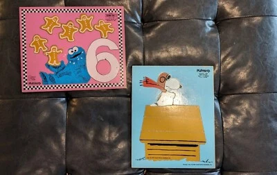 Lote De Colección De 2 Rompecabezas De Madera Playskool Plaza Sésamo Galleta Monstruo Y Snoopy Foto 1 de 3