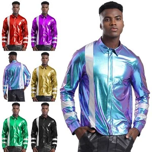 Men Tops Wedding Costume Vintage Shirt Glossy Zipper Festivel Long Sleeve Disco - Picture 1 of 74