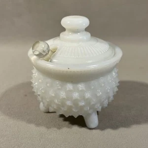 PV08357a Vintage Fenton Milk Glass HOBNAIL Mustard Kettle with Lid & Spade - Picture 1 of 8