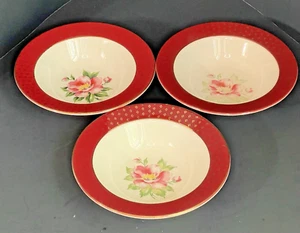 Homer Laughlin Diamond Maroon Rim Pink Rose Center on Cream Small Bowls - Picture 1 of 10