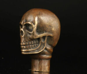 Antyk stary brąz ręcznie rzeźbiona czaszka posąg laska głowa laski
