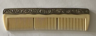 Celluloid Comb Silver Plate Edge & Floral Design 7.5” Long Vintage - Image 1 of 4