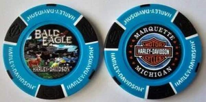 BALD EAGLE HARLEY-DAVIDSON Marquette MI Full Color Neon Blue/Black Poker Chip - Picture 1 of 3