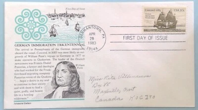 Scott 2040 FDC Inmigración Alemana Alemania Concordia 1683 Aristócrata Cachet DIRECCIÓN Foto 1 de 3