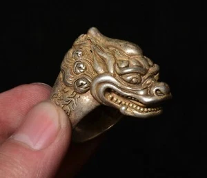 Anillo Cabeza de Bestia Dragón Unicornio Dinastía Plata China Antigua Raro 1.4" - Imagen 1 de 5