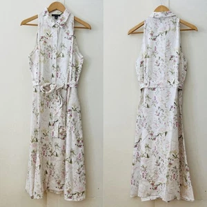 Saks Fifth Avenue Womens 100% Linen Belted Sleeveless Floral Shirt Dress SZ M - Picture 1 of 13