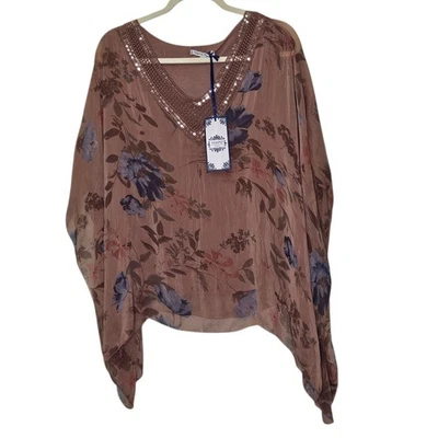 Blusa Top Tempo Paris Nueva con Etiquetas Floral Lentejuelas Seda Cuello en V Dolman S/M Bohemia Italiana Foto 1 de 4