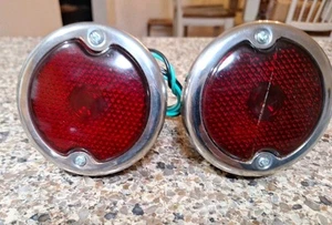 Pair 1933-36 Ford Red TailLights W/license plate Lens Chrome RH+LH -1 is Cracked - Picture 1 of 24