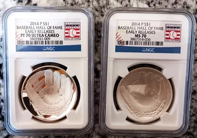 2 Coin Set 2014 P NGC PF70 MS70 Early Rel Baseball Hall Of Fame $1 Silver Dollar - Image 1 of 4