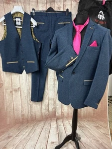 Marc Darcy Dion 4 Piece Tweed Suit Blue Check Slim 44 Jacket W34 W32 WORN TWICE - Picture 1 of 24