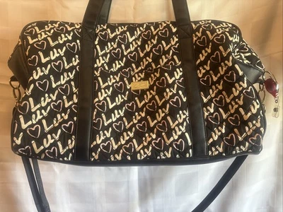 Luv Betsey Johnson Black and White Logo Print Weekender Bag Luggage W/Xtra Strap - Image 1 of 4