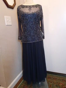 PISARRO NIGHTS Embellished Beads Sequins Navy Blue Dress Gown sz 6P MSRP $218 - Picture 1 of 12