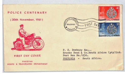 PAKISTAN FDC 1961 POLICE CENTENARY  Karachi Illustrated S. Africa Pretoria XJ55 - Image 1 of 4