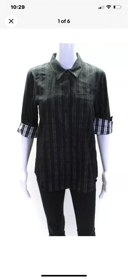 Theory 女式棉质格子印花铐扣 Catris 衬衫黑色 L 码 — 第 1/4 张图片