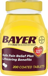 Bayer Genuine Aspirin Coated Tablets Pain Fever Reducer 325mg 200 ct Pack of 3 - Picture 1 of 2