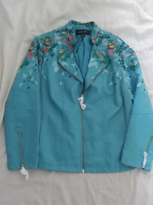 COLLEEN LOPEZ FAUX LEATHER MOTO JACKET AQUA TEAL BLUE XL FLORAL EMBROIDERED NWOT - Image 1 of 4