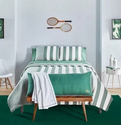 Juego de edredón Lacoste Home Kenwyn 3 piezas KING Cabana rayas verdes/blancas nuevo Foto 1 de 4