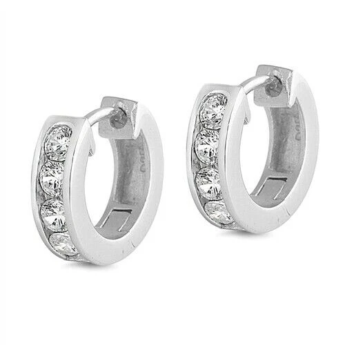 Huggie Hoop Earrings Genuine Sterling Silver 925 Clear CZ Dimensions 12 x 12 mm - Image 1 of 1