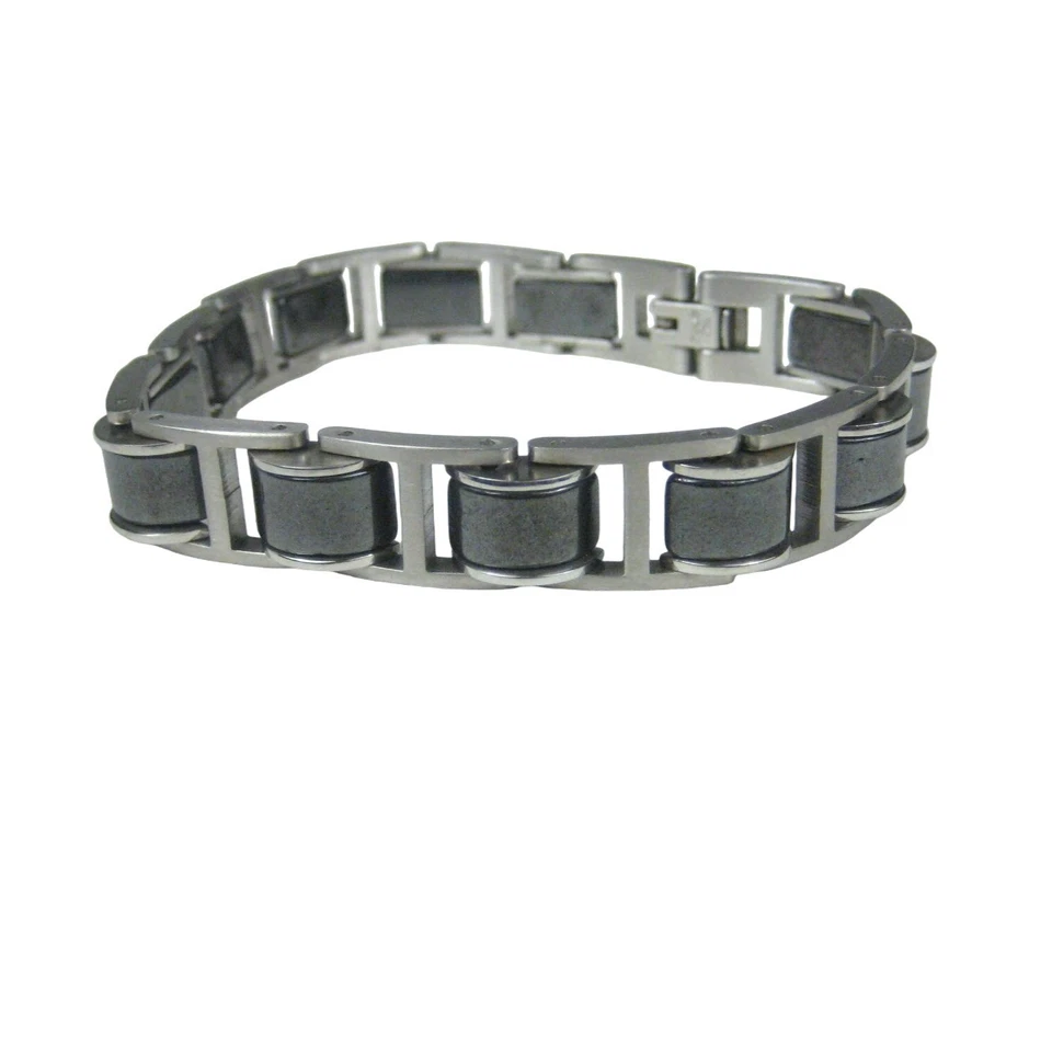 Pulsera de eslabones de acero inoxidable para hombre con incrustaciones de piedra negra Foto 1 de 4