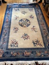 Vintage Art Deco Hand Woven Chinese Wool Pile Rug 6’ x 9’ Light Blue circa 1960.